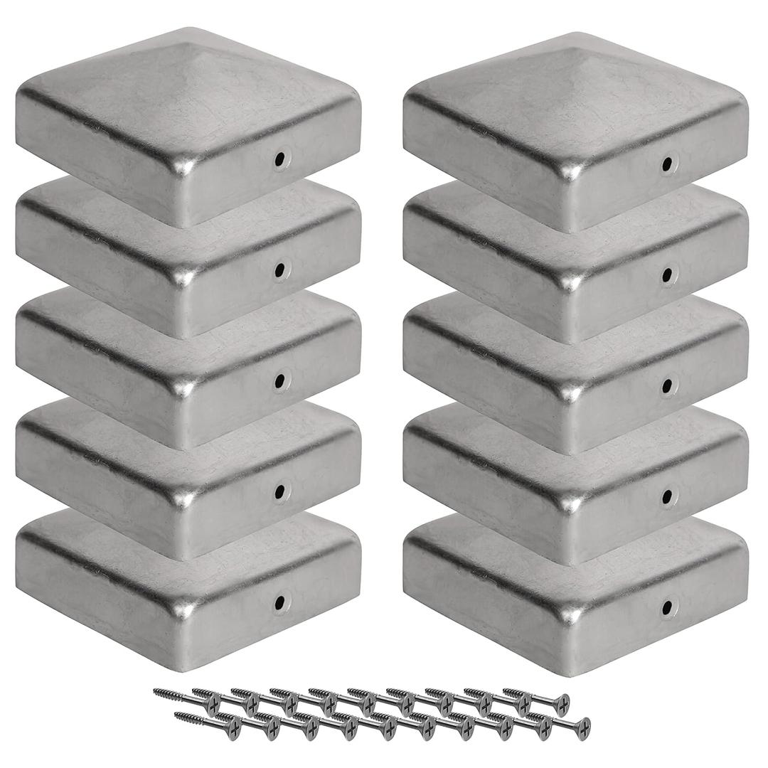 Post Caps 3.5x3.5 inches - 10 Pieces Caps with Free Screws, Galvanized Fence Post Cap / Metal Cap Post Covers