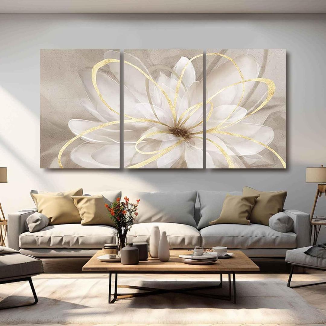 Kureful Large Pictures for Living Room Neutral Wall Art Artwork for Walls Canvas Art Gold Flowers Wall Decor for Girls Women Room Decor 24"x 36"x 3