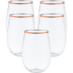 48 piece Stemless Unbreakable Crystal Clear Plastic Wine Glasses Set of 48 (10 Ounce - Rose Gold Rim)