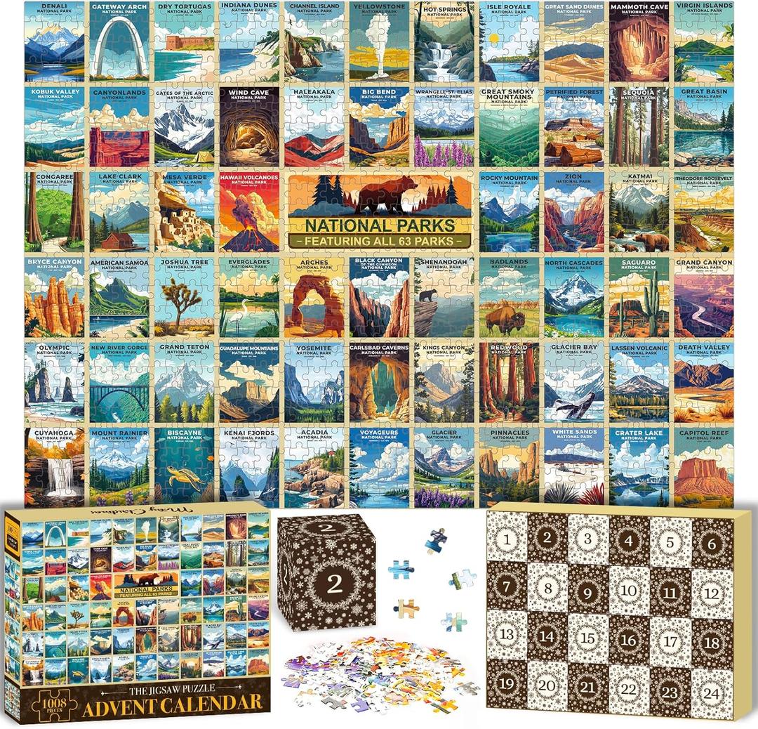 National Park Puzzle Advent Calendar 2025 Adults Teen, 1008 Pieces Countdown to Christmas Calendar with 63 Travel Poster Landscape Jigsaw Puzzle Xmas Surprise Gifts for Family Friends