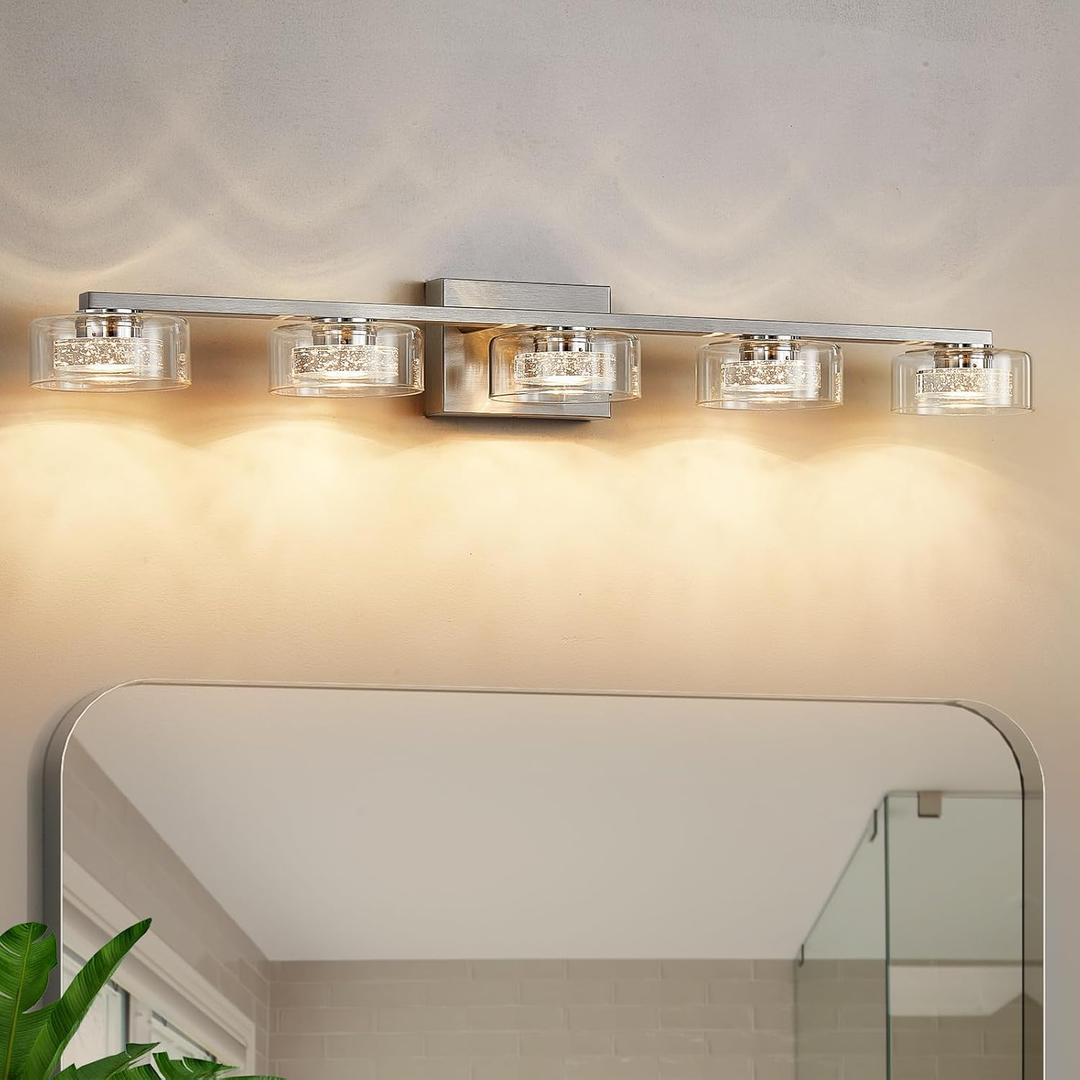 Bathroom Light Fixtures, Dimmable LED 5 Light Bathroom Vanity Light Over Mirror, Modern Crystal Brushed Nickel Vanity Lights with Clear Glass Shade for Bedroom Living Room