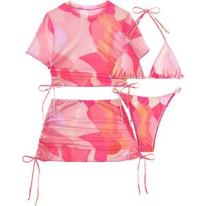 SHENHE Women's 4 Pieces Thong Swimsuits Halter Triangle Bikini Set with Cover Up Top and Skirt (Large, Pink)