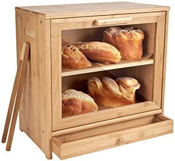 Worthyeah Large Bamboo Bread Box for Kitchen Countertop, Double Layer Bread Boxes for Kitchen Counter with Utensil Tray Drawer Organizer, Large Capacity Bread Storage Container