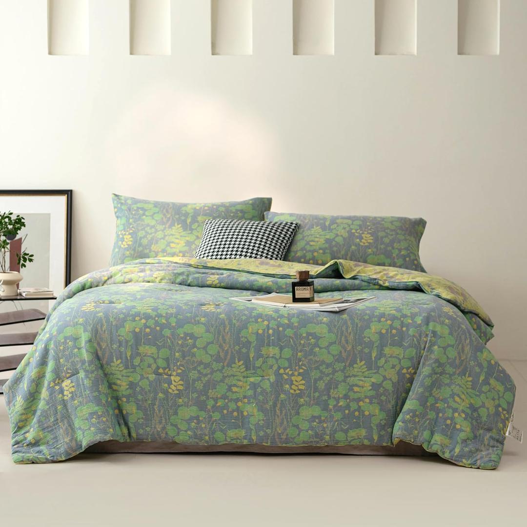 100% Cotton Muslin Jacquard Comforter Set, Botanical Floral Plants Print, Soft Lightweight Reversible 3 Piece Bedding Sets for All Season, Green Yellow, Full/Queen(90"x90")