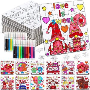 24Pcs Valentines Day Crafts Gifts Kits for Boys, Girls & Adults, Valentine's Arts and Crafts DIY Puzzle with Chocolate Cake Heart Owl, Jigsaw for Classroom Activities Party Favors Exchange Supplies
