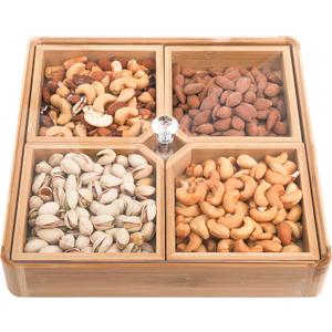 WUWEOT Bamboo Nut and Candy Serving Tray, Party Appetizer Platter Veggie Dish, Candy Bowl with Acrylic Lid & Removable Dividers for Party, Taco Dip Parties Platters & Chip Bowls, Brown