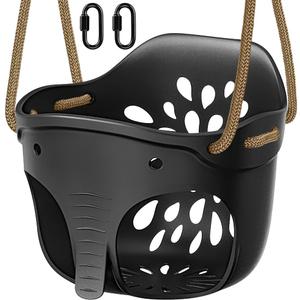 SELEWARE Heavy-Duty High Back Full Bucket Toddler Swing Seat with Locking Carabiners and Adjustable Rope, Cute Elephant Shape Design, 600LB Weight Limit (Bucket Swing, Black)