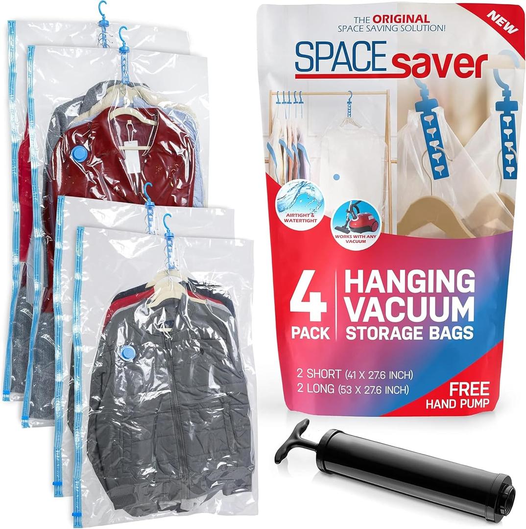 4 Pack Hanging Vacuum Storage Bags for Jackets, Clothes, Suits and Dresses  Vacuum Sealed Compression Bags with Hand Pump  Space Saver Storage Bags for Moving, Travel & Organization (2S & 2L)