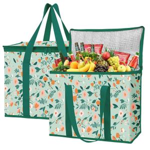 musbus 2-Pack extra Insulated Grocery shopping bag, large Green leaf, kitchen foldable reusable bags groceries,Sturdy zipper,Collapsible,tote,cooler,for transport women,Durable carrier (Spring Stroll)