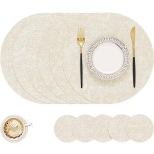 homing Round Faux Leather Placemat and Coaster 6 Packs, Washable Heat Resistant Dining Place Mats, Wipeable Double-Sided Table Mats for Indoor and Outdoor, Diameter 13 and 3.93 inch, Beige