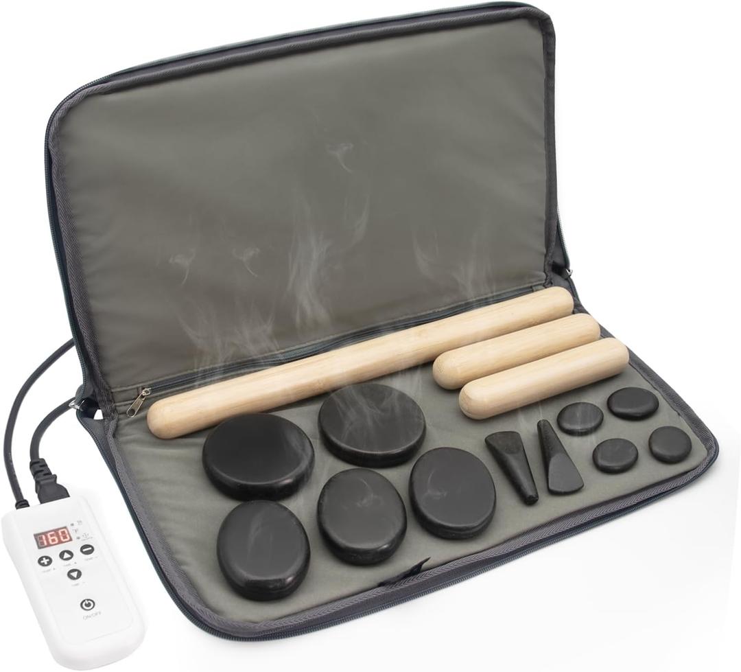 Massage Stones Set with Warmer Kit Hot Rocks Bamboo for Massage Hot Stones Massage Warmer Kit with Temperature Control and Carry Bag for Home Use (11 Stones and 3 Sticks)