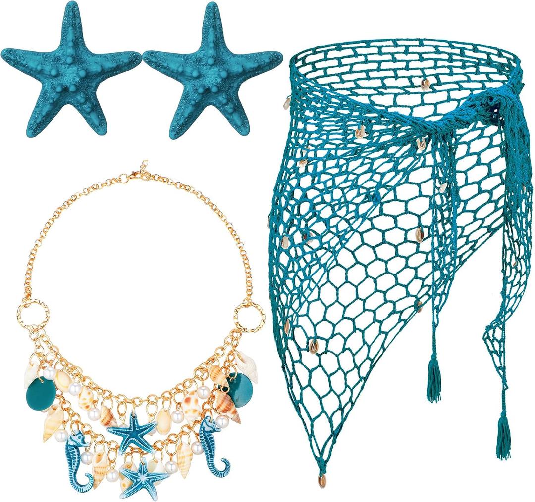 4 Pcs Halloween Mermaid Costume for Women Mermaid Outfit Crochet Skirt Cover up Accessories Set for Cosplay Party (Blue)