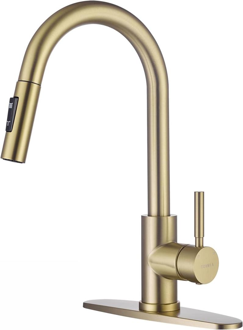 Gold Kitchen Faucets with Pull Down Sprayer, Single Handle High Arc Modern Stainless Steel Sink Faucet with Deck Plate, 1 or 3 Hole Deck Mount for RV, Bar, Farmhouse, Laundry, Outdoor