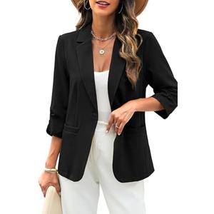 ELLEVEN Women's Linen Blazer 3/4 Ruched Sleeves, Lightweight Slim Fit Jackets with Pockets Half Lining, 2XL