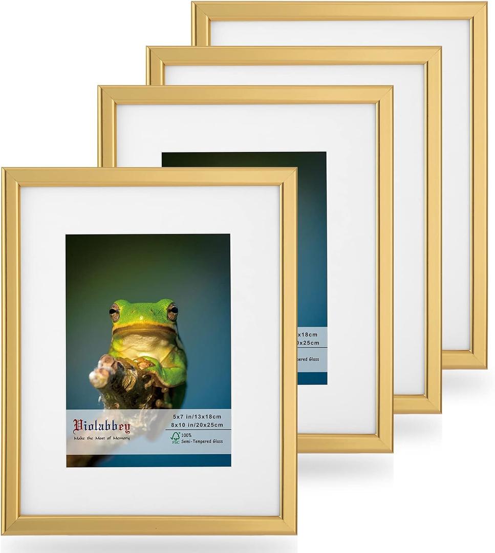 VIOLABBEY 8x10 Picture Frames Set of 4, Fits 5x7 Pictures with Ivory Mat or 8x10 Without Mat, Vertical or Horizontal for Wall or Tabletop Display, Semi Tempered Glass, Light Gold