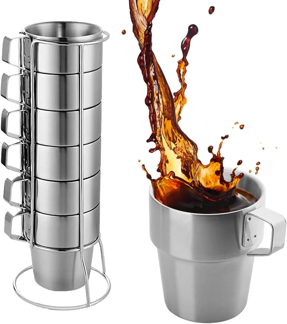 Yummy Sam Stackable Camping Coffee Cups with Handle,Insulated Stainless Steel 300ml 10oz Double Wall Coffee Mugs with Rack,Summer Espresso Tea Water Cups for Outdoor Home Office Kitchen 6Pack(Silver)