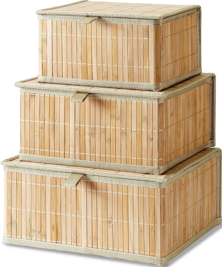 Honygebia Bamboo Decorative Storage Boxes - Set of 3 Woven Lined Storage Basket with Lids, Beige Wicker Lidded Baskets for Home Kitchen Shelf Organizer Decor
