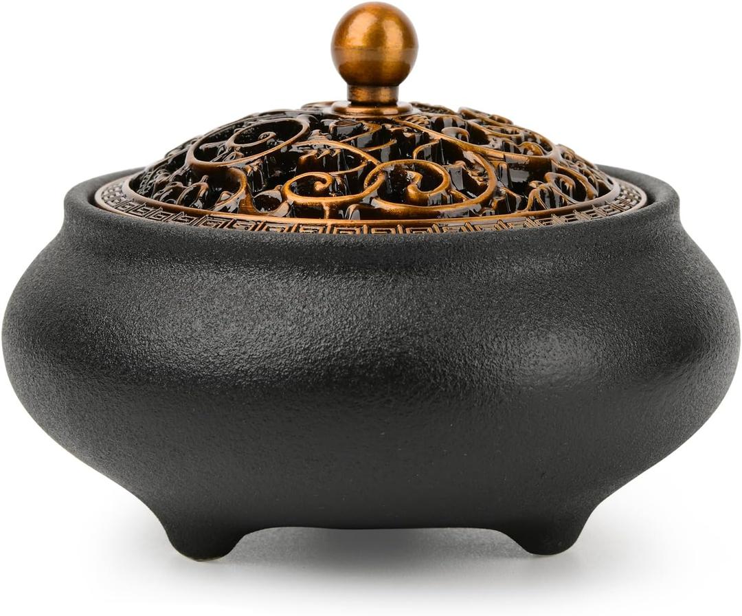 Ceramic Incense Burner with Incense Stick Holder,Use for Stick/Coil Incense,Sage, Mosquito Incense and Charcoal,Handmade for Cleansing House Negative Energy & Other Smudging Rituals (Black)