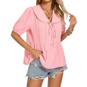 Kate Kasin Womens Dressy Casual Blouse Short Sleeve Tops Drawstring Cute V Neck Collared Shirt Summer Top 2025, Size: XL