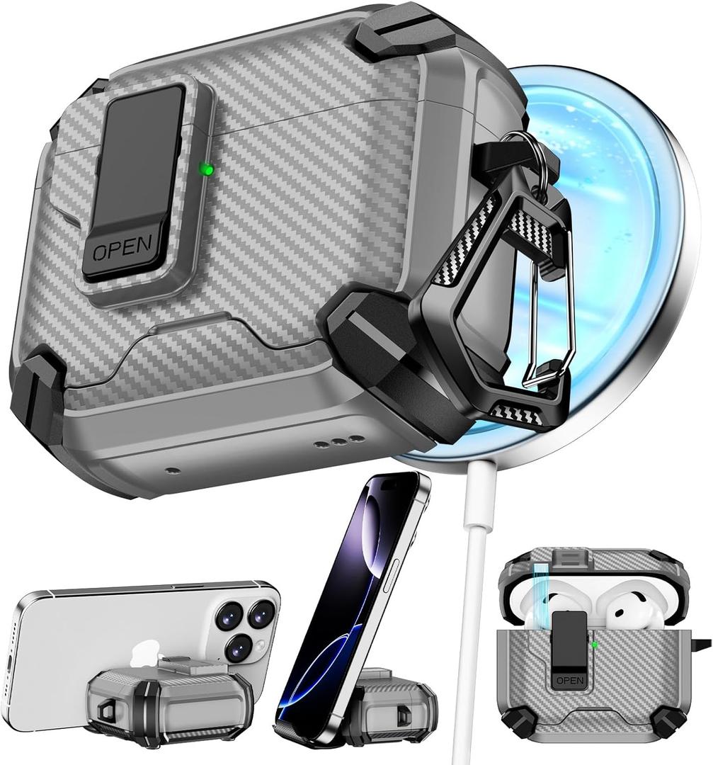 Pohgelan Compatible with AirPods 4 Case,Magnetic Automatic Lock with Phone Stand & Cleaning Kit,Compatible with Magsafe,Carbon Fiber Texture Cover -Gray