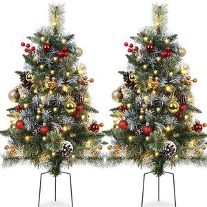 Set of 2 Outdoor Pathway Christmas Trees with Lights, Frosted Twinkle Small Easy Christmas Tree for Driveway, Entrance, Urn & Pot Filler, Front Porch, Yard, Garden Outside Holiday Decoration (Frosted With Red & Gold Berries)