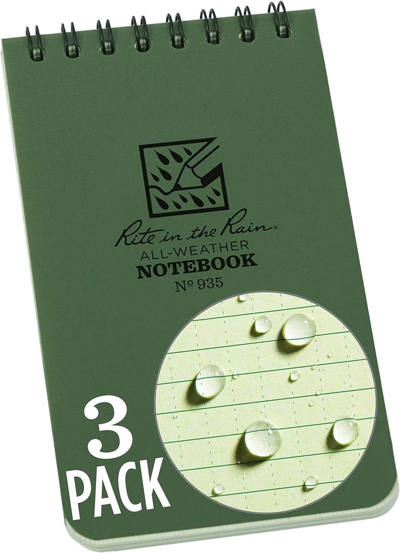 Rite in the Rain Weatherproof Top Spiral Notebook, 3" x 5", Green Cover, Universal Pattern, 2 Pack (No. 935-3X)