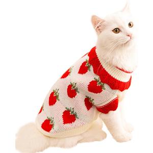 ANIAC Strawberry Turtleneck Cat Sweater Warm Knitted Small Dog Clothes for Girls Boys Autumn Winter Puppy Outfit Cold Weather Pet Knitwear for Chihuahua Yorkie Poodle (Red Strawberry, Large)