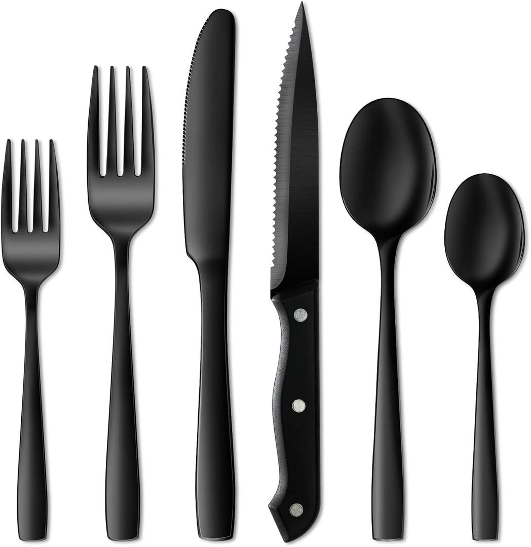 NETANY 17 Pieces Black Silverware Set, Black Flatware Set, Food-Grade Stainless Steel Cutlery Tableware Eating Utensils, Mirror Finished, Dishwasher Safe