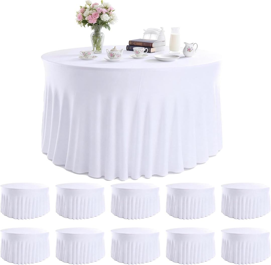 10 Pack White Round Spandex Tablecloths for 60in Tables, 120 Inch Stretch Fitted Table Skirts, Wrinkle-Free Washable Polyester Covers for Wedding, Banquet & Party, 10 pcs