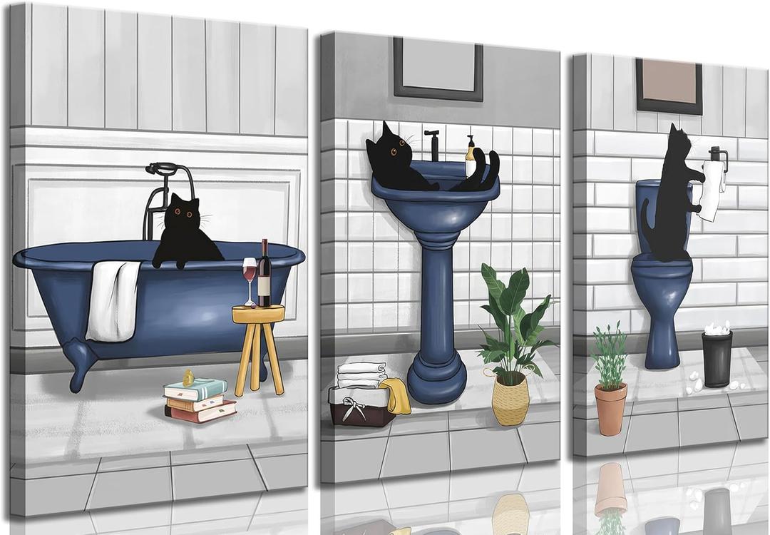 3 Pieces Funny Blue Bathroom Cat Canvas Wall Art Cute Black Cat On Bathtub And Toilet Painting Picture Wall Decoration Poster Print Artwork for Restroom Washroom Home Decoration Unframed