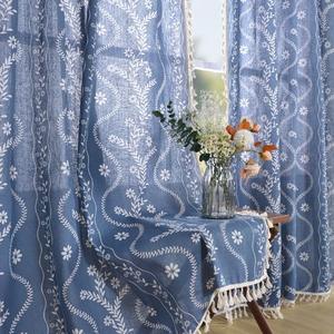 Schweek Blue Boho Curtains for Living Room, Western Rustic Floral Curtains 84 Inches Length, Semi Sheer Navy Blue Vintage Farmhouse Printed Patterned Curtain Drapes
