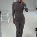 Womens Sexy Maxi Dress Long Sleeve Ruched Bodycon Turtleneck Club Party Casual Wedding Dresses (Gray) Medium