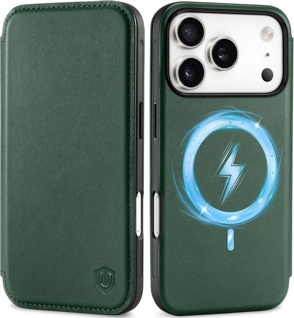 SHIELDON Slim Genuine Leather Wallet Case for iPhone 17 Pro 6.3 Inch 5G 2025 | Wireless Charging | RFID Blocking Credit Card Holder | Magnetic Closure | Full Protective Phone Cover | Evergreen