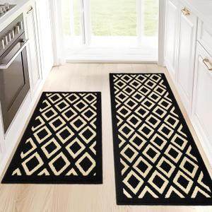 Black Boho Kitchen Rugs 2 Piece Non Slip Machine Washable Kitchen Mats for Floor 100% Polypropylene Absorbent Standing Kitchen Mat Resist Dirt Runner Rug, 20x32+20x47 Inch