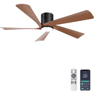 Ohniyou 52 Flush Mount Farmhouse Ceiling Fan with Lights, Remote & APP Control Low Profile Indoor Outdoor Ceiling Fans, Dimmable, Quiet DC Motor, Reversible, Black+Wood (Walnut)