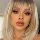 FANCEE Highlight Blonde Layered Wigs with Bangs 14 Inch Short Ombre Blonde Balayage Glueless Ready-to-Go Straight Synthetic Bob Wigs for Women Realistic Scalp Dark Roots Daily Cosplay Use