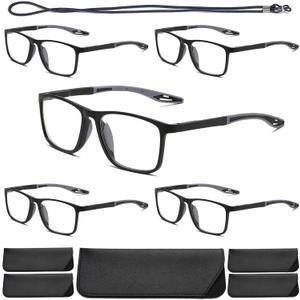 Hubeye TR90 Sports Reading Glasses for Men and Women Ultralight Flexible Anti-Blue Light Readers（Black+Black+Black+Black+Black，+1.5）