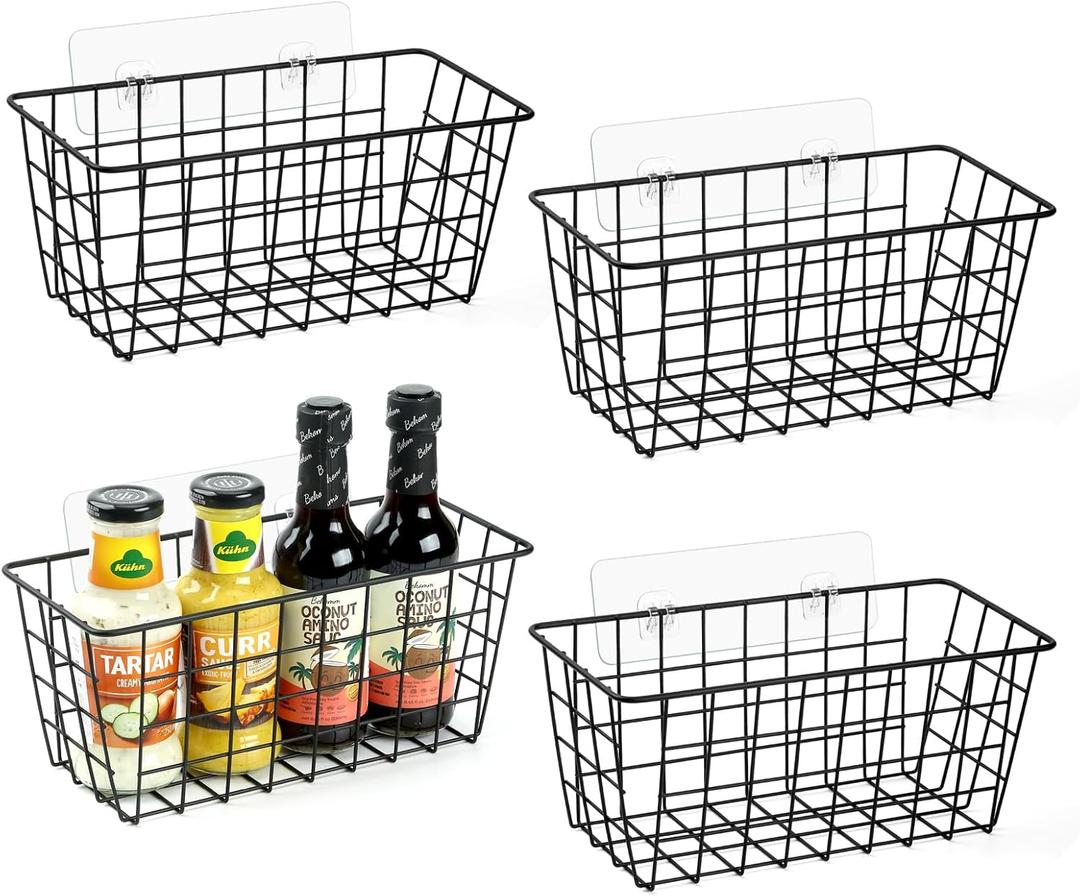 ZUSHALLMY 4 Pack Hanging Kitchen Baskets, Adhesive Wire Wall Storage Basket, No Drilling Hanging Fruit Baskets, Cabinet Door Organizer for Kitchen Bathroom Pantry, Upgrade Super-sized Adhesive (4)