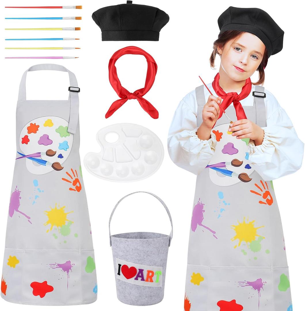 Artist Costume for Kids, Painter Dress Up with Beret, Paint Bucket, Palette, Brush, Scarf, Apron for Boys and Girls