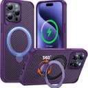 FlyReal Designed for iPhone 15 Pro Case with 360 Magnetic Stand, Carbon Fiber Phone Case [Compatible with Magsafe] [16FT Military Protection] with Rotatable Ring Stand 6.1'', Deep Purple