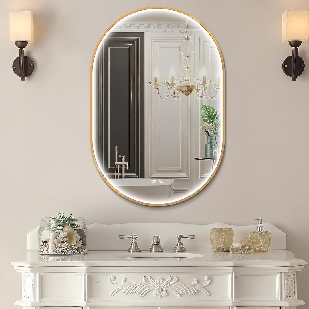 36"x24" Oval Led Mirror for Bathroom, Gold Metal Framed Lighted Vanity Mirror with Lights, Anti-Fog Light Up Mirror with 3 Colors Dimmable, Frontlit, Shatterproof, Horizontal/Vertical