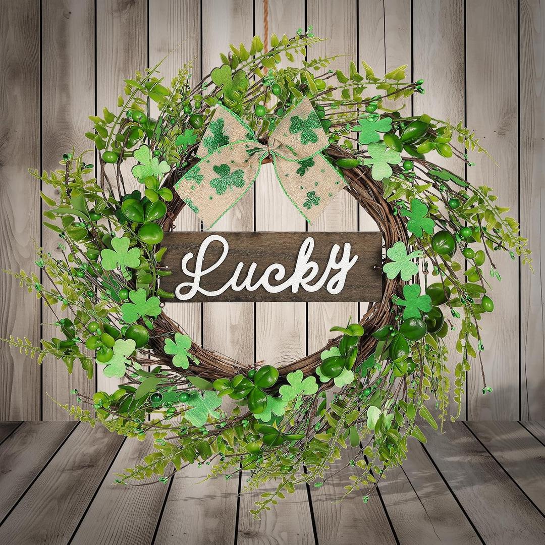 2 x 26'' St Patrick's Day Wreath with Bow - Lucky Sign Artificial Shamrock Wreath,St Patricks Day Door Decorations,Four Leaf Clover Irish Wreaths for Front Door Home Garden Party Decor