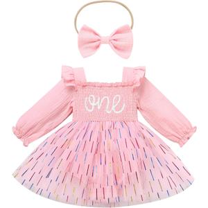 ODASDO Baby Girls First Birthday Outfit Sqaure Neck Ruffle Long Sleeve Tulle Tutu Romper Dress with Bow Headband