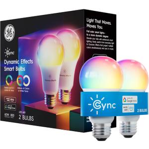 GE Cync Dynamic Effects A19 LED Smart Light Bulbs, Bluetooth and WiFi Color Changing Lights with Music Sync, Compatible with Alexa and Google Home (2 Pack)