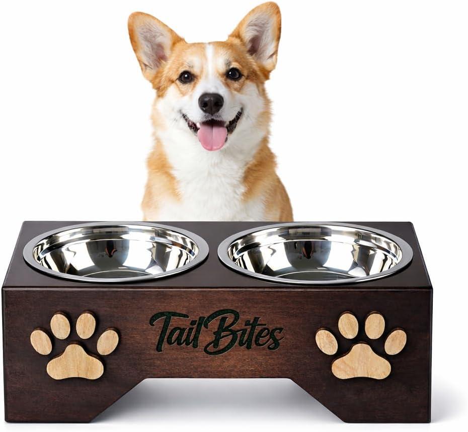 Raised Dog Bowls for Medium Sized Dogs  Wooden Elevated Dog Feeder Stand with 2 Stainless Steel Bowls + Chew Treat (14 x 7 x 6)