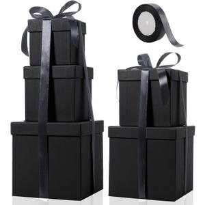 Cholemy 5 Pcs Square Nesting Boxes Decorative Gift Boxes with Lid and Ribbon Assorted Sizes Wrap for St. Patrick's Day, Carnival, Anniversary, Birthday, Bridal Shower Party Gifts(Black)