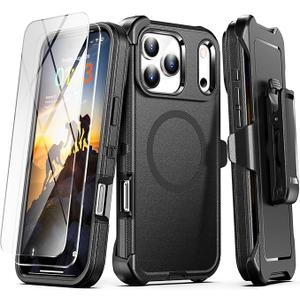 TUTUKII Compatible with iPhone 17 Pro Max Case with Belt Clip Holster, 2X Screen Protector, Shockproof, Compatible with MagSafe, 3Layer, Heavy Duty Magnetic Phone Case Cover, 6.9", Black