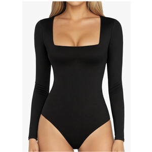 Women's Square Neck Short Sleeve Long Sleeve Bodysuit Sexy Body Suits Shirt Slim Fitted Tops,Black, L