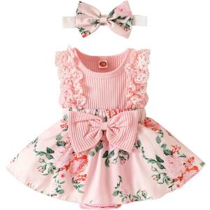 Baby Girl Clothes Newborn Romper Dress Infant Lace Ruffle Sleeveless Summer Outfits with Headband 0-12 Months, Pink