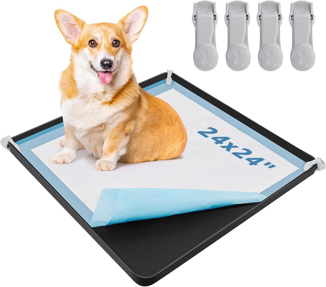 LOOBANI Dog Pee Pad Holder - Silicone Puppy Potty Tray With High Edge and 4 Clamps for Training, Fits Up to 24" x 24" Pads, Black